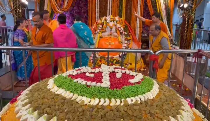 1100 किलोच्या या महाकाय लाडूसाठी शंभर किलोपेक्षा जास्त ड्रायफ्रूट वापरले आहेत.