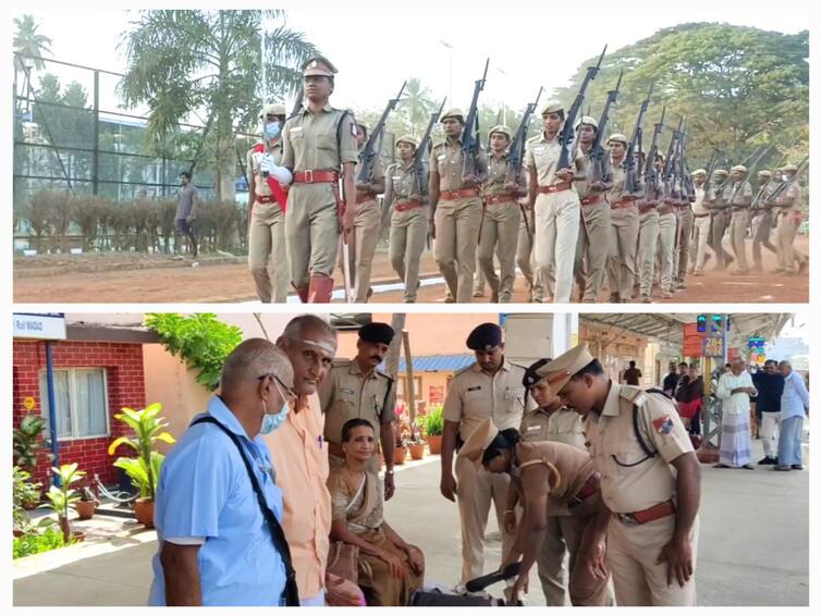 Mayiladuthurai Police Parade Rehearsal on one side, security checks on the other TNN குடியரசு தினம்:  மயிலாடுதுறையில் ரயில் நிலையத்தில் பாதுகாப்பு அதிகரிப்பு