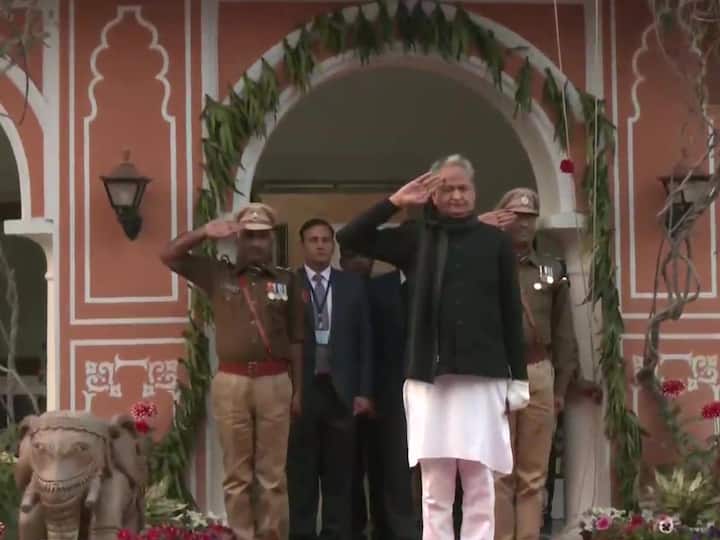 Rajasthan Chief Minister Ashok Gehlot unfurls the Tricolour, at CM House in Jaipur on Republic Day. (Source: ANI)