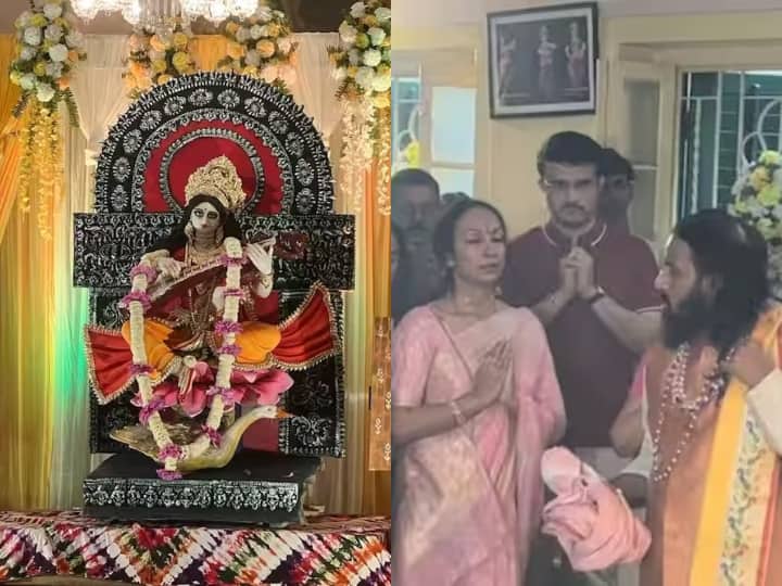Kolkata Saraswati Puja 2023: कोलकाता को सरस्वती पूजा के मौके पर टीम इंडिया के पूर्व कप्तान सौरव गांगुली ने अपनी पत्नी डोना के डांस स्कूल दीक्षामंजरी में सरस्वती पूजा की.