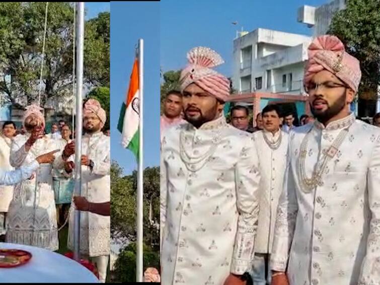 Flag hoisting by two siblings before reaching the wedding hall on Republic Day Gondia News : प्रजासत्ताक दिनी लग्नमंडपात पोहोचण्याआधी दोन भावंडांकडून ध्वजारोहण