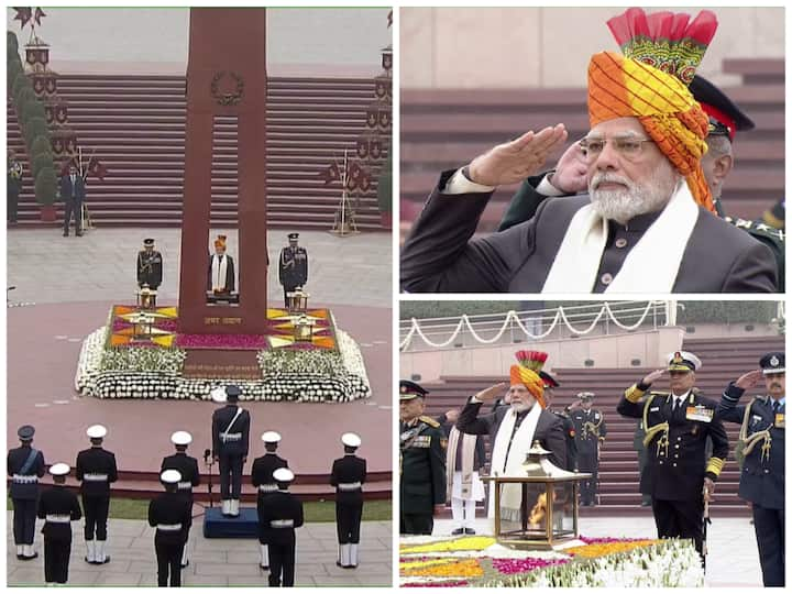 Prime Minister Narendra Modi paid tribute to the fallen soldiers at the National War Memorial ahead of the parade at Kartavya Path on Republic Day.