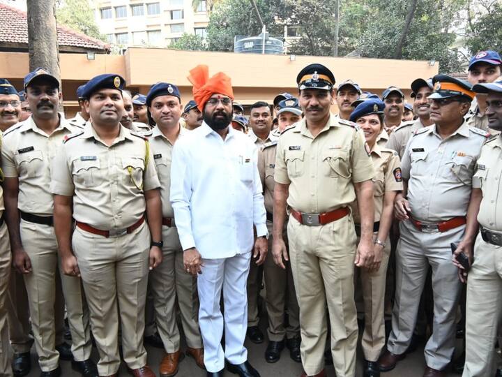Maharashtra CM Eknath Shinde with state police officials during Republic Day celebrations at his residence on Thursday morning. (Source: ANI)