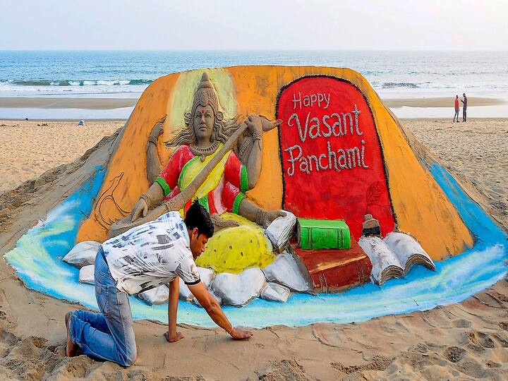 On the eve of the Basant Panchami festival in Puri, sand artist Manas Kumar Sahoo creates a sand sculpture of Goddess Saraswati. Basant Panchami is an annual Hindu festival celebrated on the fifth day of the Hindu month of Magh. It is usually in late January or early February. The festival honours Saraswati, the goddess of learning.