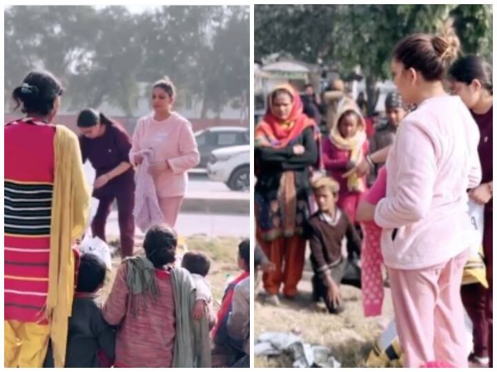 sapna choudhary distributing clothes to homeless kids fans hails for haryanvi dancer watch video गरीब बच्चो को कपड़ों बांटती नजर आईं Sapna Choudhary... हरियाणवी डांसर की दरियादिली देख इमोशनल हुए फैंस- Video