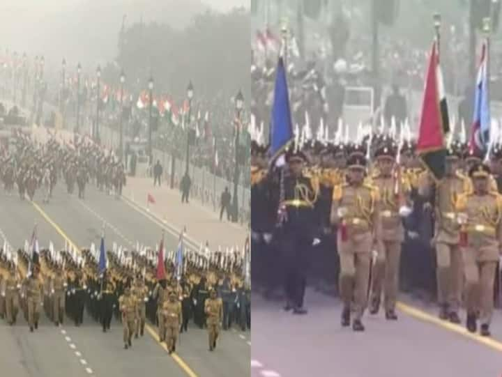 The Egyptian army contingent participated in India's 74th Republic Day parade in the presence of Egyptian President Abdel Fattah El-Sisi, President Droupadi Murmu and PM Modi. (Photo: Doordarshan)