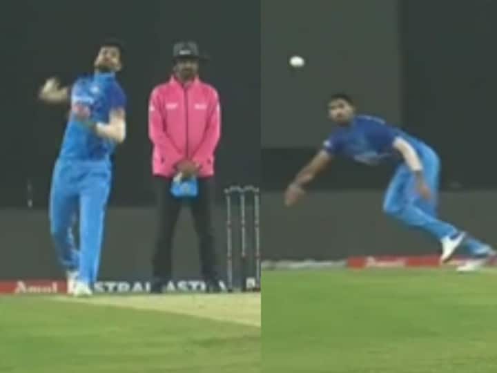 IND vs NZ 1st T20 Washington Sundar Unbelievable Catch To Dismiss Mark Chapman India vs New Zealand- Watch Video Washington Sundar Catch : अफलातून! वॉशिंग्टननं बोलिंग करतानाच घेतला उत्कृष्ट झेल, पाहा VIDEO