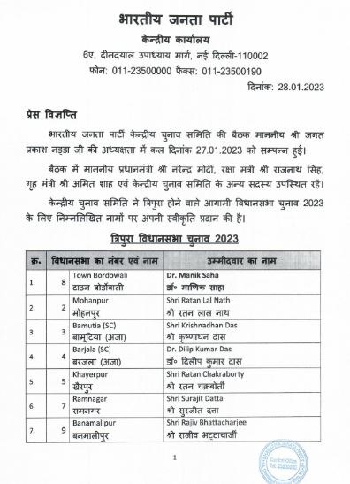 Tripura BJP Candidate List 2023: त्रिपुरा में बीजेपी की पहली लिस्ट में बिप्लब देब का नाम नहीं, 2 मुस्लिम उम्मीदवारों को टिकट