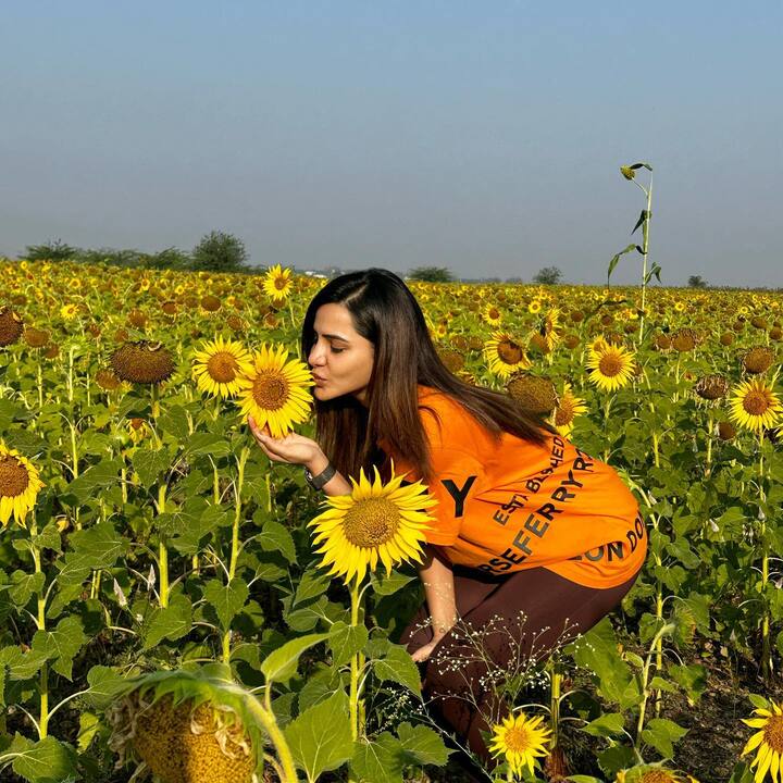 పులివెందులలో షూటింగ్ కోసం వెళ్లిన అషూ రెడ్డి అక్కడి పూల తోటల్లో షికార్లు చేసింది.  -Image Credit: Ashu reddy/Instagram