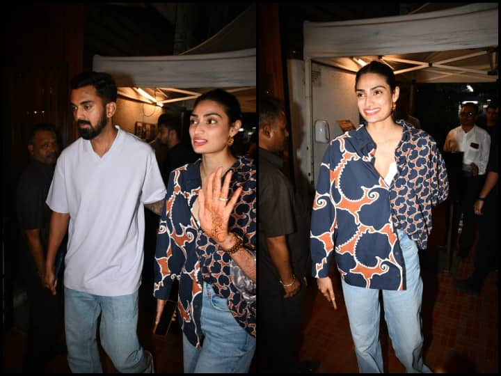 KL Rahul Athiya Shetty Pics: बॉलीवुड एक्ट्रेस अथिया शेट्टी ने हाल में क्रिकेटर केएल राहुल संग शादी रचाई है. शादी के बाद कपल को पहली बार बांद्रा के एक रेस्टोरेंट में स्पॉट किया गया.