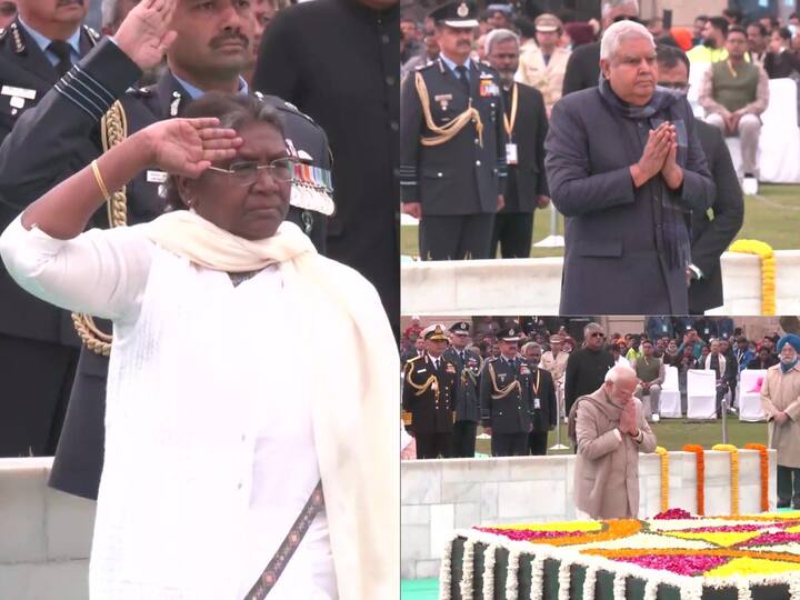 President Droupadi Murmu, Vice President Jagdeep Dhankhar, PM Narendra Modi, and other leaders on Monday paid tributes at Raj Ghat on Mahatma Gandhi's death anniversary.