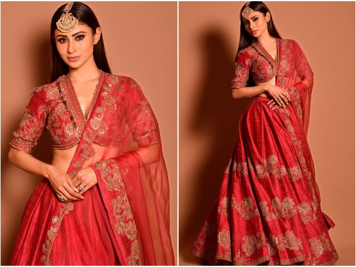 Mouni Roy In Chandan Anardana Aari Waraq Cheent Lehenga Set – Torani India