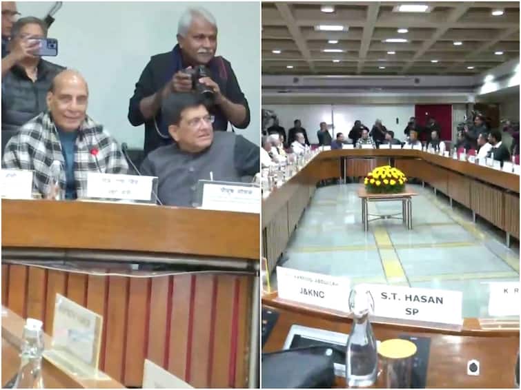 Budget Session 2023: Rajnath Singh, Piyush Goyal, Pralhad Joshi Chair All-Party Meeting At Parliament Complex Budget Session 2023: Rajnath, Pralhad Joshi Chair All-Party Meeting With Oppn MPs, Congress Absent