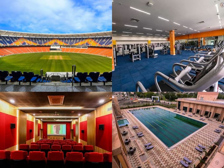 Narendra Modi Stadium Inside Photos: साबरमती नदी के किनारे स्थित नरेंद्र मोदी स्टेडियम दुनिया का सबसे बड़ा क्रिकेट स्टेडियम है. यह स्टेडियम किसी 5 स्टार होटल से कम नहीं है.