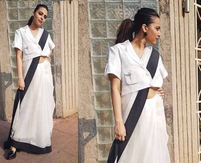 अपनी बेबाकी के लिए जाने जाने वाली बॉलीवुड की मशहूर अभिनेत्री स्वरा भास्कर (Swara Bhaskar) ने भी एक बार ऐसा ही एक्सपेरिमेंट किया. जिसमें उन्होंने वाइट कलर की काफी खूबसूरत सी साड़ी पहनी. लेकिन उन्होंने इसे साड़ी के ऊपर हाफ स्लीव की जैकेट पहनी. जिस वजह से उनका लुक काफी अजीब लग रहा था और लोगों ने उन्हें खूब रोल भी कर दिया. (Photo- Instagram)