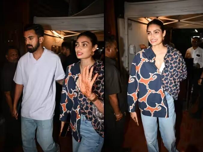 KL Rahul Athiya Shetty Pics: બોલિવૂડ અભિનેત્રી આથિયા શેટ્ટીએ તાજેતરમાં જ ક્રિકેટર કેએલ રાહુલ સાથે લગ્ન કર્યા છે. લગ્ન બાદ આ કપલ પહેલીવાર બ્રાંદ્રાની એક રેસ્ટોરન્ટમાં જોવા મળ્યું હતું.