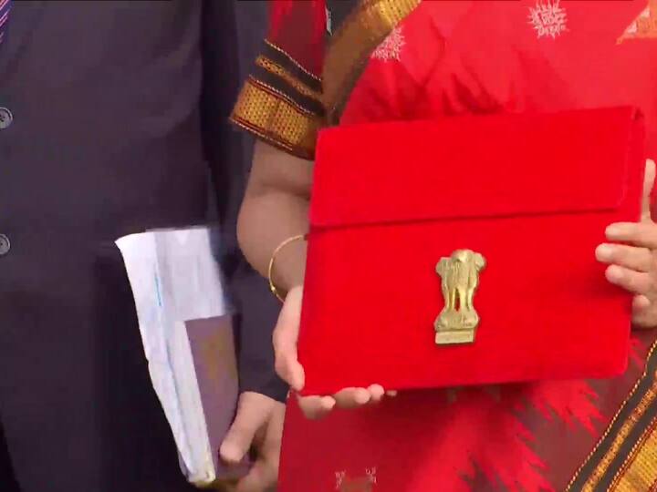 Finance Minister Nirmala Sitharaman this year chose a resplendent red saree with a brown border. Since taking charge in 2019, Sitharaman has donned statement-making handloom sarees each year while presenting the Budget. (Source: ANI)