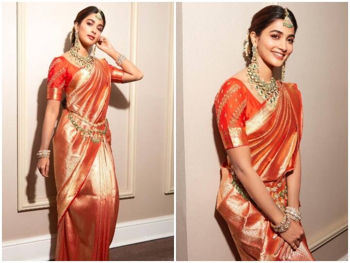 Pooja Hegde wreaked havoc wearing  Kanjivaram saree at her brother wedding see pics भाई की शादी में कांजीवरम साड़ी पहन Pooja Hegde ने ढाया कहर, तारीफ में फैंस बोले-'आप से खूबसूरत कोई नहीं'