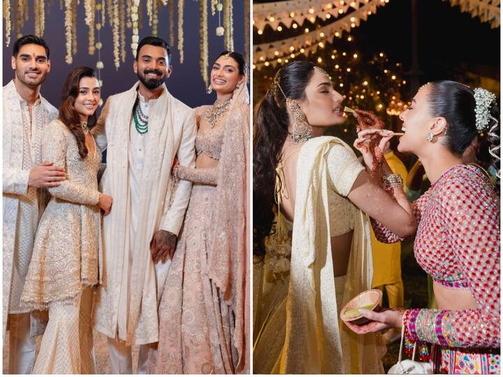 Athiya Shetty and KL Rahul seem to be giving ultimate couple goals as the newly weds strike a pose with Ahan Shetty and his girlfriend Tania Shroff in latest pictures from the wedding ceremony.