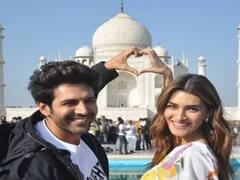 Kartik Aaryan Kriti Sanon : 'शेहजादा'च्या प्रमोशनसाठी कार्तिक कियारासोबत पोहोचला ताजमहालात! फोटो व्हायरल