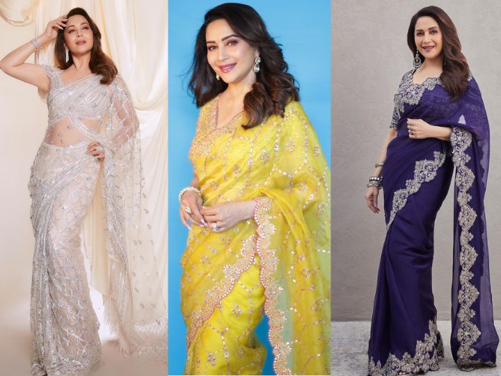 Buy Madhuri dixit Bollywood online saree, Wine georgette latest sarees, U  neck blouse