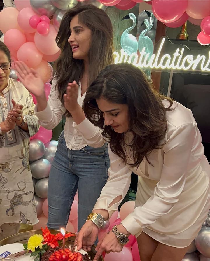 Raveena was seen cutting a cake in one of the pictures, while her daughter Rasha clapped.