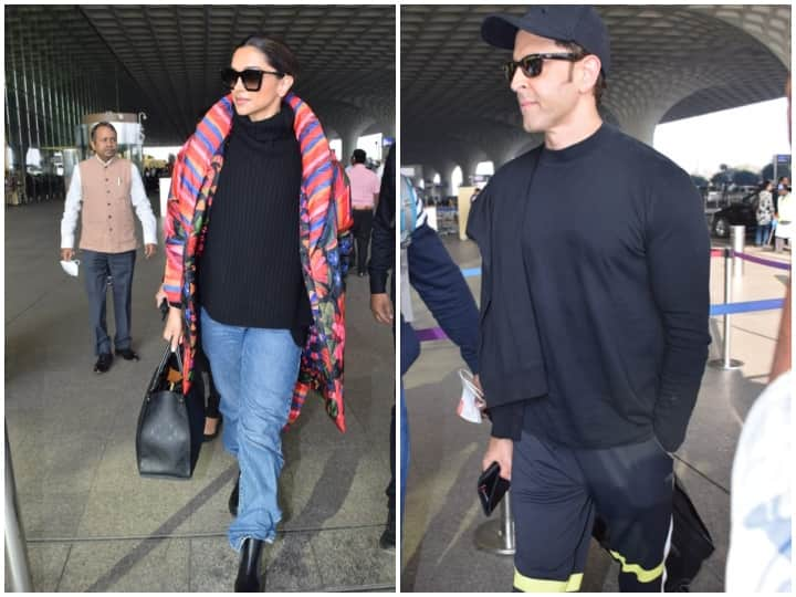 Deepika-Hrithik AT Airport: सोमवार को फिल्म की स्टार कास्ट ऋतिक रोशन और  दीपिका पादुकोण को एयरपोर्ट पर स्पॉट किया गया. स्टार्स अपनी अपकमिंग फिल्म ‘फाइटर’ के शूटिंग शेड्यूल के लिए कहीं जा रहे थे.