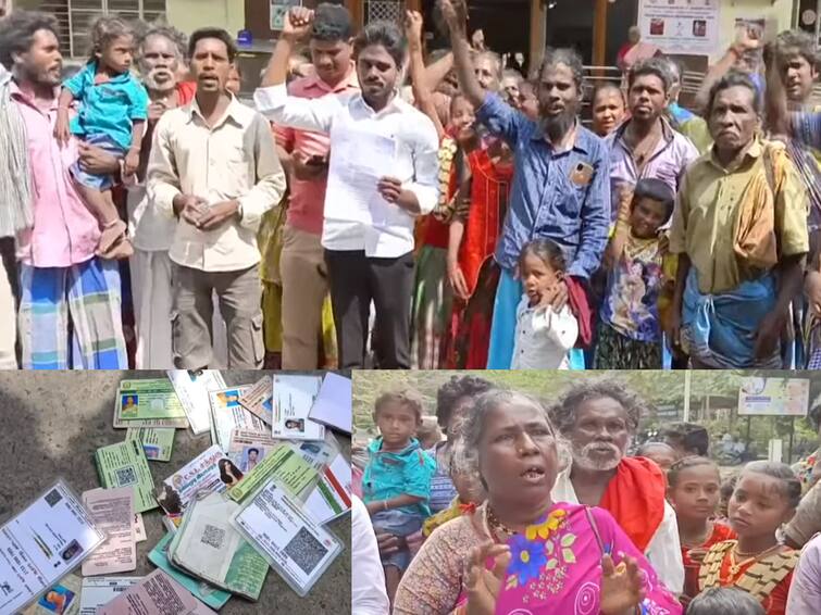 villupuram Dharna protests by throwing voter cards and demanding basic facilities TNN விழுப்புரம்: அடிப்படை வசதிகள் கோரி வாக்காளர் அட்டை வீசி நரிக்குறவர் சமுதாயத்தினர் போராட்டம்