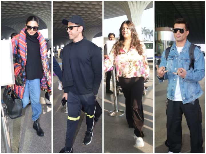 Celebs At Airport: कल और आज मुंबई एयरपोर्ट पर बॉलीवुड के तमाम सितारे स्पॉट किए गए. इस दौरान करण जौहर से लेकर, शाहिद कपूर, मंदिरा बेदी, दीपिका पादुकोण और ऋतिक रोशन तक काफी डैंशिंग लुक में स्पॉट हुए.