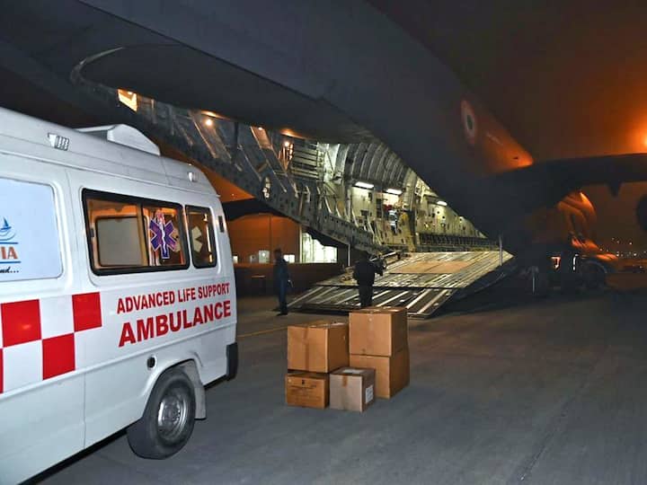 The first batch of India's humanitarian assistance and disaster relief (HADR) materials being loaded onto the Indian Air Force aircraft for earthquake-hit Turkiye. (Source: PTI)