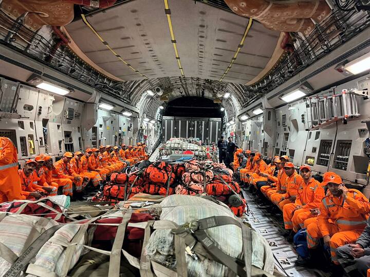 Members of NDRF search and rescue teams along with relief material aboard the IAF's aircraft ready to leave for earthquake-hit Turkiye.(Source: PTI)