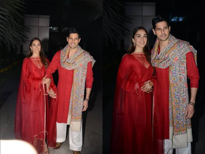 Newlyweds Sid-Kiara Twin In Red For Grih Pravesh, Distribute Sweets To Paps  At Delhi Airport.