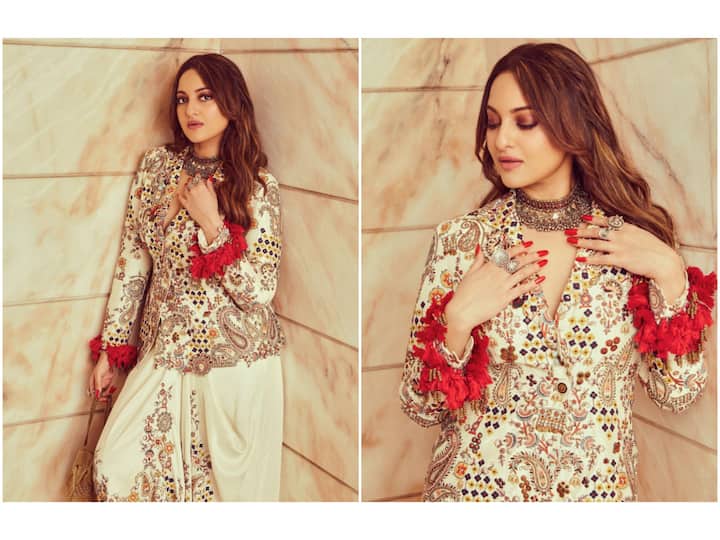 Sonakshi Sinha is known for her sartorial choices. The actress can be seen spilling sass with her latest look in an embellished blazer paired with a matching beige dhoti.