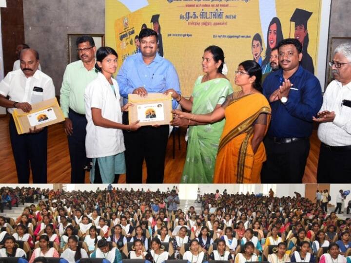 Muvalur Ramamirtham Ammaiyar Higher Education Assistance Scheme of Karur District TNN புதுமை பெண் திட்டம்:   கரூரில் 870 மாணவிகளுக்கு வங்கி கணக்கு புத்தகம்,  ஏடிஎம் கார்டு  வழங்கிய ஆட்சியர்