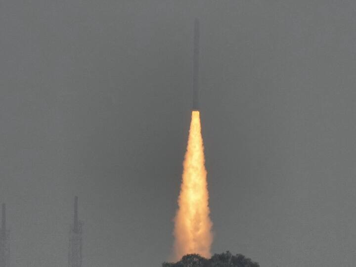 The SSLV-D2 soars into the skies from the first launch pad at the Satish Dhawan Space Centre to put three satellites into a 450 km circular orbit during its 15 minute flight. (Source: PTI)