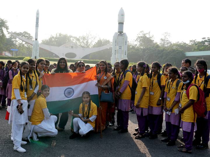 Students who designed ISRO's AzadiSAT pose for photos as they arrive to watch the launch of Small Satellite Launch Vehicle SSLV-D2 carrying EOS-07, Janus-1 and AzaadiSAT-2 satellites, at Satish Dhawan Space Centre in Sriharikota, Friday, Feb. 10, 2023. (Source: PTI)