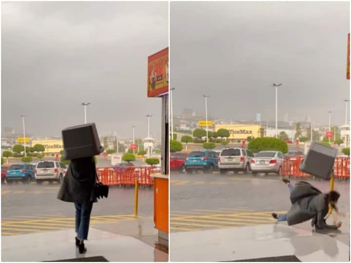 Woman slipped and fell while trying to avoid getting wet in rain देसी जुगाड़ को झेल नहीं पाई विदेशी महिला, वीडियो देख आप भी कहेंगे- ये हिंदुस्तानियों के बस का है...