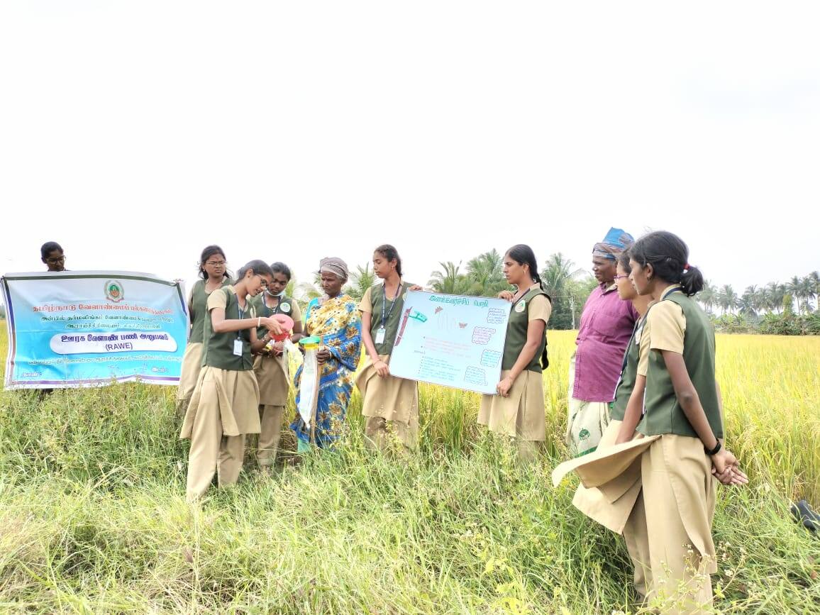 பூச்சிகளை கட்டுப்படுத்தும் இனக்கவர்ச்சி பொறி குறித்து வேளாண் மாணவிகள் செயல் விளக்கம்