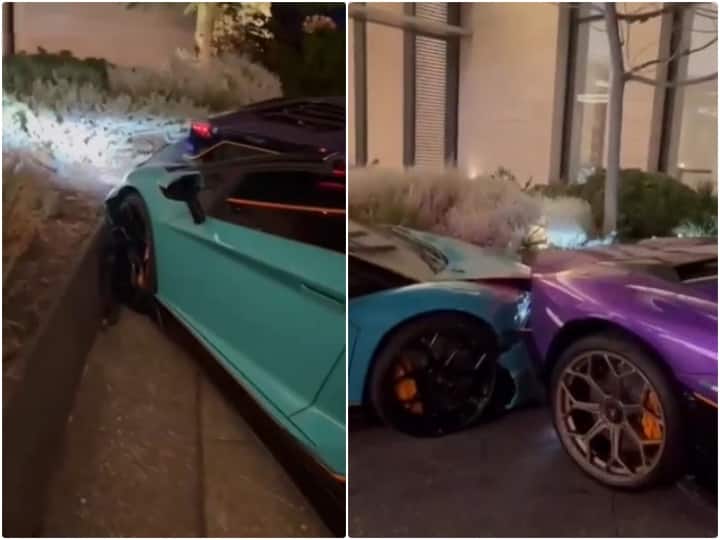 Two Lamborghini cars are seen colliding with each other due to mistake of a parking attendant Video: होटल के पार्किंग अटेंडेट की गलती से हुआ बड़ा हादसा, करोड़ों की लैंबोर्गिनी आपस में टकराई