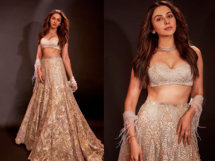 Rakul Preet Singh looks gorgeous in a gold-tinted lehenga. Take a look at the pictures.