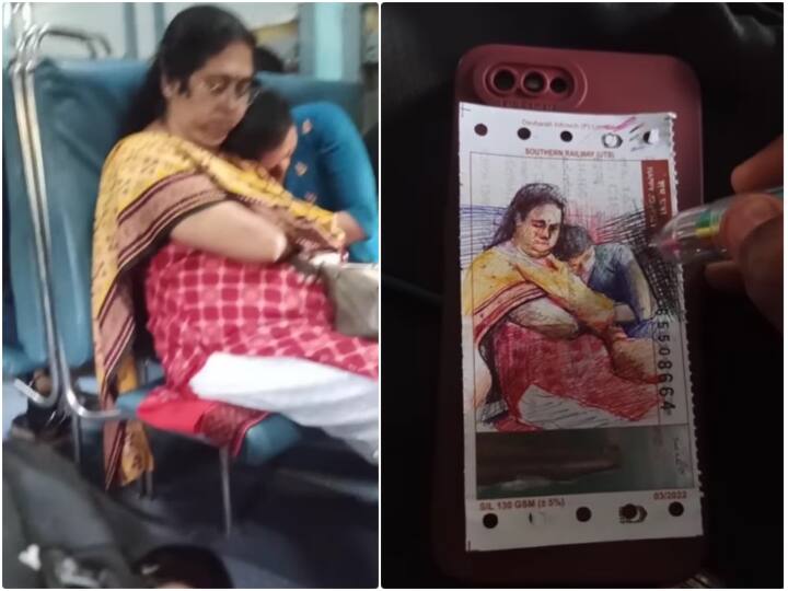 artist is seen sketching a mother while traveling in a train video goes viral Video: सफर के दौरान आर्टिस्ट ने टिकट पर बना दिया मां का स्केच, यूजर्स को पसंद आ रहा वीडियो