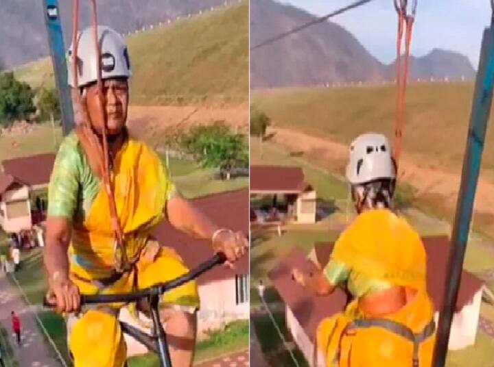 Watch video Elderly Woman Performs Rope-Cycling Like A Pro Inspires The Internet Watch Video: வாவ்...அந்தரத்தில் சைக்கிள் ஓட்டி அட்ராசிட்டி செய்த பாட்டி...! வைரல் வீடியோ..!