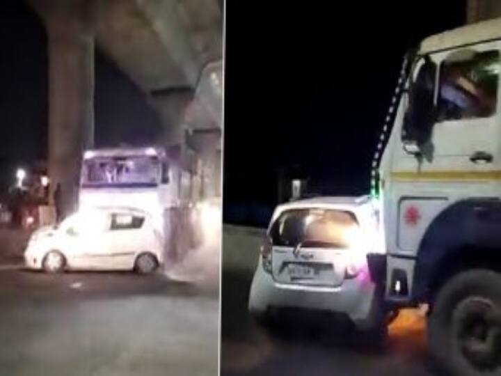 Viral Video Container Truck Driver Drags Car with passengers For 3 km in Meerut - Watch Viral Video: தலைக்கேறிய போதை.. காரை இடித்து 3 கி.மீட்டருக்கு இழுத்துச் சென்ற லாரி டிரைவர் - உ.பி.யில் கொடூரம்.!