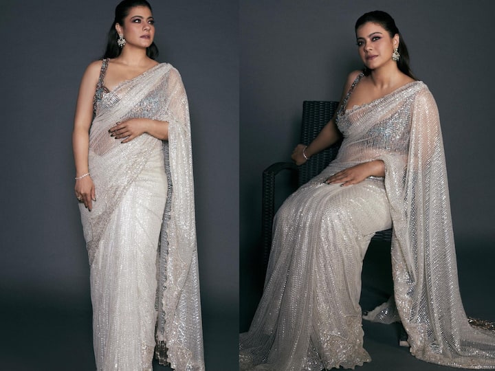 Kajol looks elegant in a shiny white saree as she attended Kiara and Sidharth's wedding reception. Take a look.