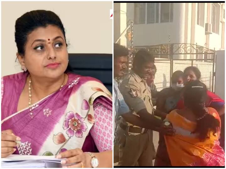 Tirupati Tdp leaders protest at Minister Roja house brings saree bangles Tension At RK Roja House :    మంత్రి రోజా ఇంటి వద్ద ఉద్రిక్తత- చీరా, గాజులతో టీడీపీ నేతలు నిరసన