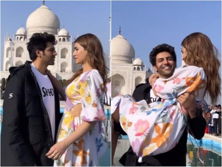 On Valentine's Day, Kartik Aaryan and Kriti Sanon were spotted at the Taj Mahal in Agra promoting their film.