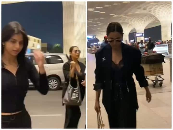 Suhana Khan and Gauri Khan spotted in all black look at the airport fans said  Both are looking like sisters नो मेकअप लुक में मां Gauri Khan संग स्पॉट हुईं Suhana Khan, फैंस बोले- 'बहनें लग रही हैं दोनों'