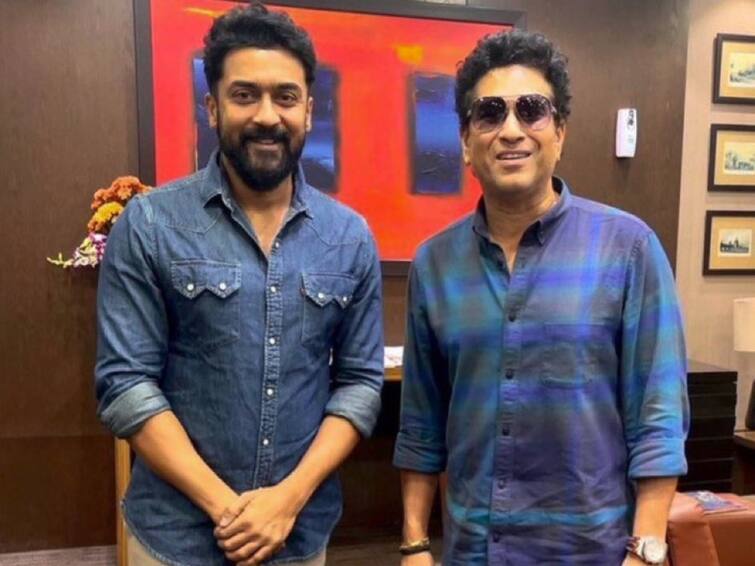 Actor Suriya With Sachin Tendulkar Photo Viral on Social Media Check Out Pic Suriya with Sachin: கூல் சச்சினுடன் க்யூட் சூர்யா... இணையத்தில் வைரலாகும் புகைப்படம்!