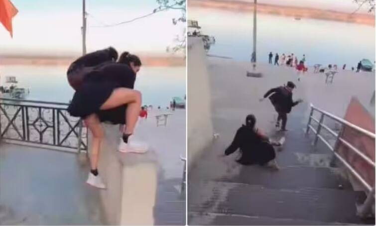 Stunt had to be heavy to make the reel, see in the video how the girl fell from the stairs ਰੀਲ ਬਣਾਉਣ ਦੇ ਚੱਕਰ 'ਚ ਸਟੰਟ ਕਰਨਾ ਪਿਆ ਭਾਰੀ, ਵੀਡੀਓ 'ਚ ਦੇਖੋ ਕਿਵੇਂ ਪੌੜੀਆਂ ਤੋਂ ਡਿੱਗੀ ਕੁੜੀ