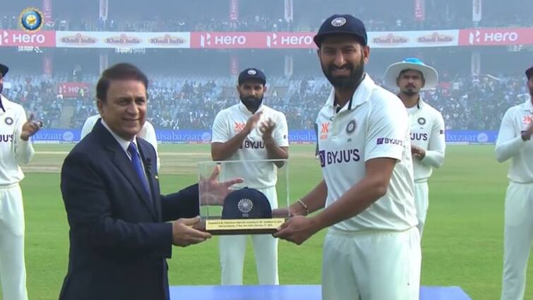 Cheteshwar Pujara felicitated by Sunil Gavaskar on his 100th Test, talks abouts similarities in life and test Pujara 100th Test: শততম টেস্টে গাওস্করের হাত থেকে বিশেষ টুপি পেয়ে আপ্লুত পূজারা
